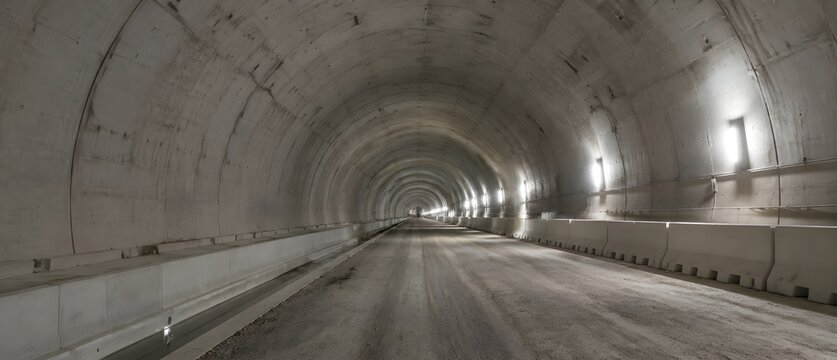 Mountain Road Tunnel Construction With Drainage Channels Raw Wall Panels Temporary Barriers And Repeating Depth