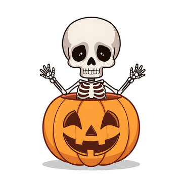 Cute cartoon skeleton popping out of a carved jack o lantern for halloween