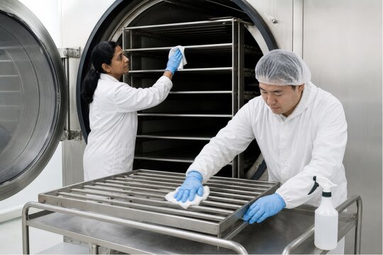 Freeze drying operations sanitation cleans dryer chamber shelves article hero two workers cleaning after completed food batch lead