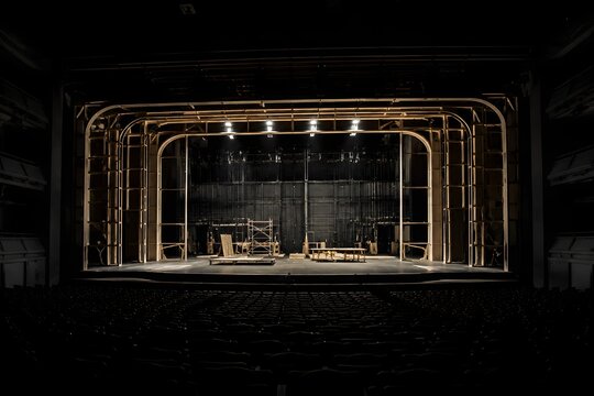 Theater Stage Under Construction With Skeletal Proscenium Frame Surrounded By Dark Empty Auditorium Seating Rows