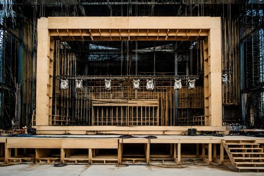Stage Construction With Massive Unfinished Proscenium Frame Raw Timber Platforms Scaffolding and Bundled Cables Nearby