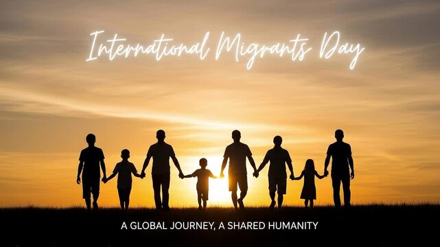 A seamless pattern international migrants day silhouette family at sunset