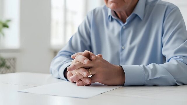 Middle aged man in a professional light blue shirt resting his clasped hands calmly on a white desk while waiting for a serious business meeting to begin soon