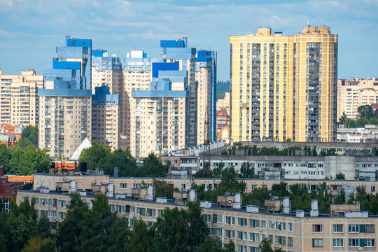Modern city high rise residential buildings and apartment houses blocks panorama.

