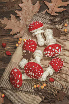 Autumn cozy mood composition. Crocheted amanita mushroom, handmade, fall hobby concept