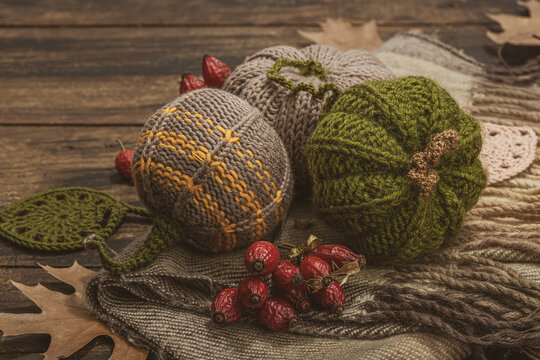 Autumn cozy mood composition. Crocheted pumpkins, handmade, fall hobby concept