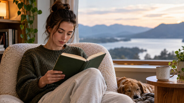 Young woman reading book in cozy armchair by window with sleeping dog and scenic mountain lake view. Concept of cozy home.