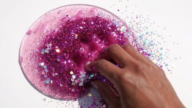 Hand kneads pink glitter slime with sequins isolated on white background, overhead close-up