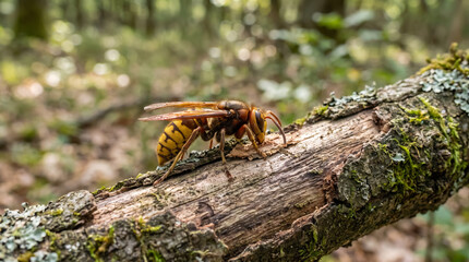 Fototapeta premium European hornet crawling on tree branch in forest macro view of dangerous stinging insect in wild nature. Concept of wasp, vespa crabro, close up, danger. Copy space.