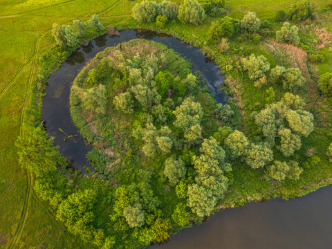 Aerial view of the river meander in Nadwarcianski Park Krajobrazowy surrounded by lush green meadows and dense forest vegetation in Lad, Greater Poland Voivod, Poland.