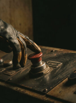 Worker in Leather Gloves Pressing Red Start Button on Machine