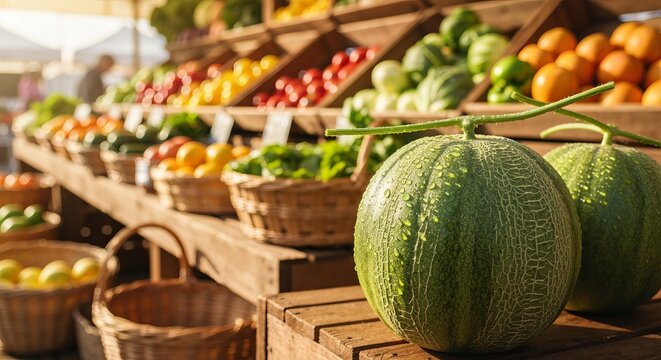 Whole green melon with dew on leaves at a rustic farm market stall, warm tones