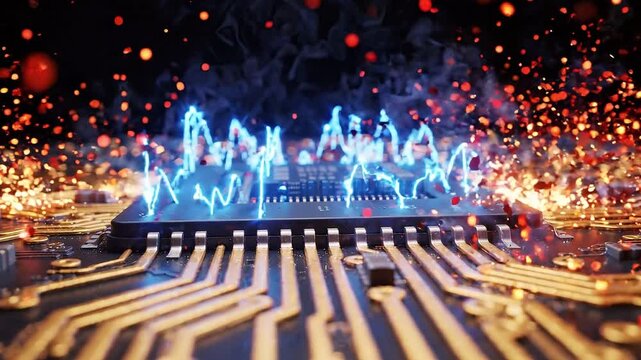 Futuristic microchip processor with blue digital energy waveform on circuit board with glowing sparks in powerful dynamic high tech environment