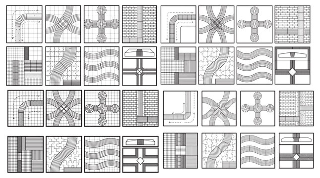 Architectural Paving Patterns, Pavement Swatches, and Hardscape Design Blueprint Icon Set 