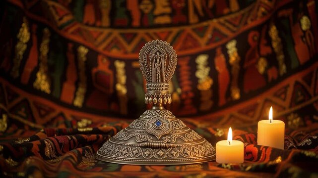 A seamless pattern ornate metal stupa on patterned fabric