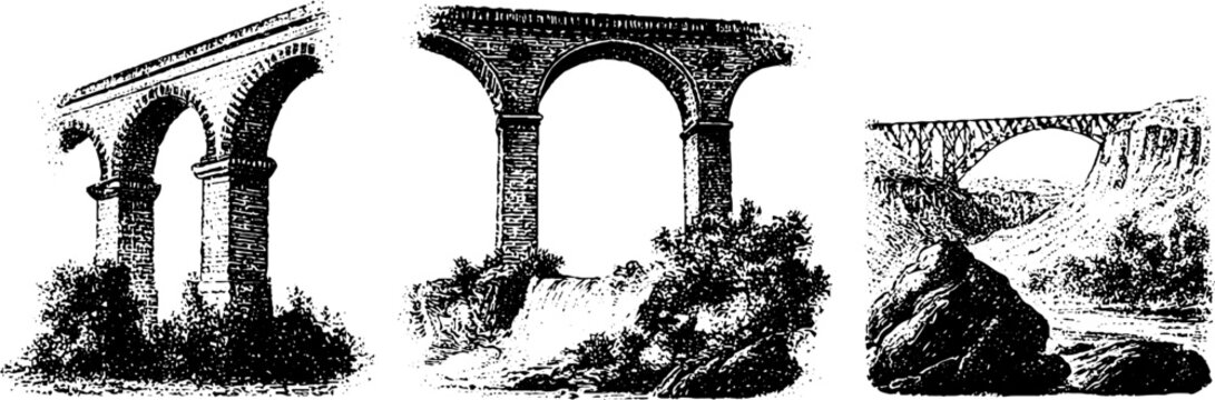 Black and white engraved aqueduct and stone bridge architectural illustrations set isolated on white for vintage book page and label design