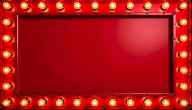 Red illuminated marquee frame with vintage light bulbs for cinema theater signage or advertising display on a dark background