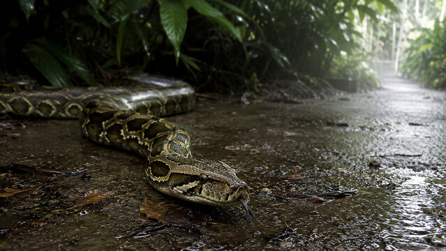 Large python snake slithering on wet ground in tropical rainforest wildlife habitat. Concept of moving, crawling, reptile, tropical forest, jungle. Copy space.