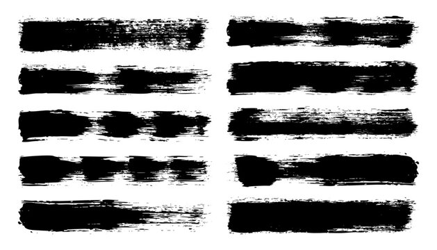 Long grunge brush strokes, lines, ink smudges, hand-drawn scribble shapes. Handmade sketchy marks, stains, charcoal streaks. Paint textures, dry brush effect. Marker underline. Vector illustration