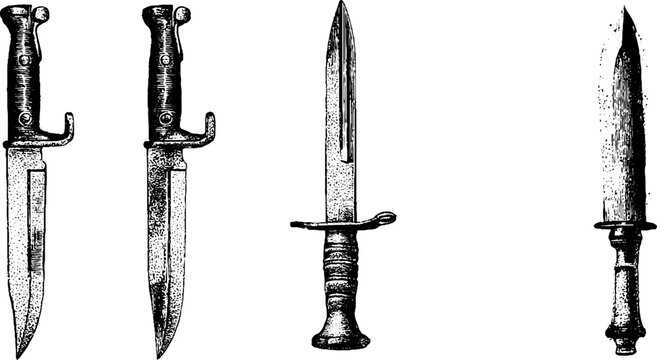 Antique black and white bayonet illustrations set of knives and blades for military label design and background banner
