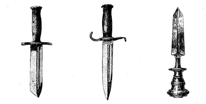 Three vintage dagger and knife black and white illustrations isolated on white background for design elements and reference for engraving and tattoo use