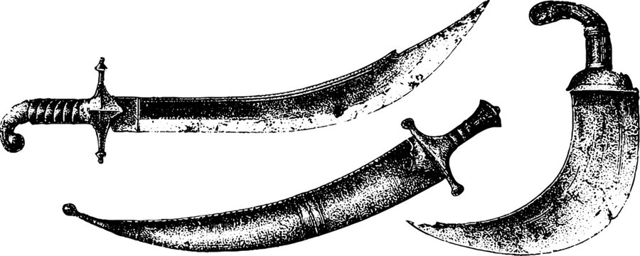 Three black and white vintage curved dagger and scimitar illustrations isolated on white background for historical weapon design and engraving reference