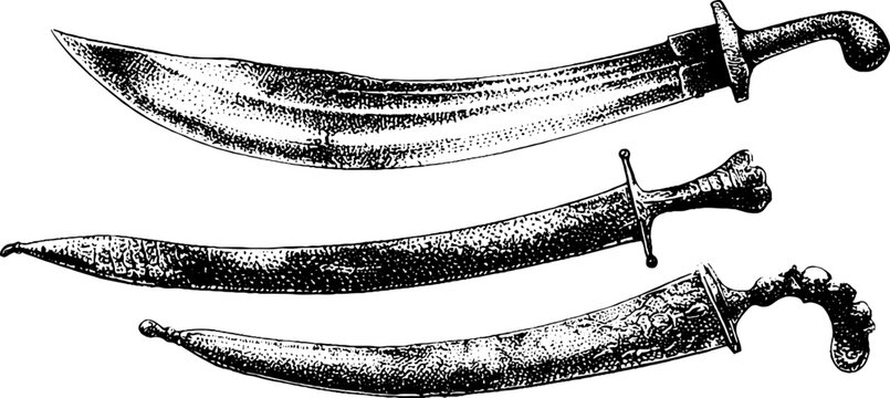 Set of three isolated black and white vintage saber and scimitar engravings on white background for historical weaponry design and reference