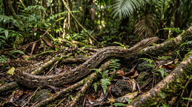 Reticulated python crawling through dense tropical rainforest ground vegetation in natural habitat. Concept of snake, reptile, jungle, wild animal, wildlife, tropical forest, serpent.