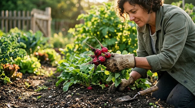Happy woman harvesting fresh organic red radish from soil in vegetable garden. Concept of farming, farmer, agriculture.