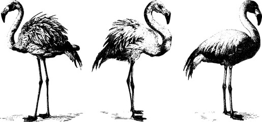 Obraz premium Set of three black and white flamingo sketches isolated on white for vintage poster and pattern design