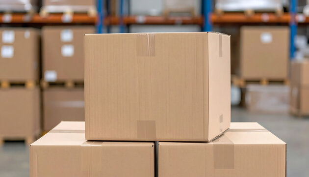 Cardboard shipping boxes stacked in a large industrial warehouse environment with blurred background shelves for logistics and supply chain business