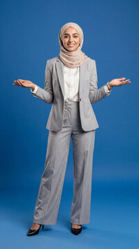 Professional muslim businesswoman wearing a hijab and business suit standing with open hands presenting choices, smiling confidently on a blue studio background