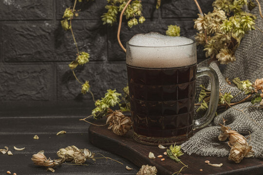Traditional Oktoberfest composition. Dark beer, hop and wheat. German festival food concept