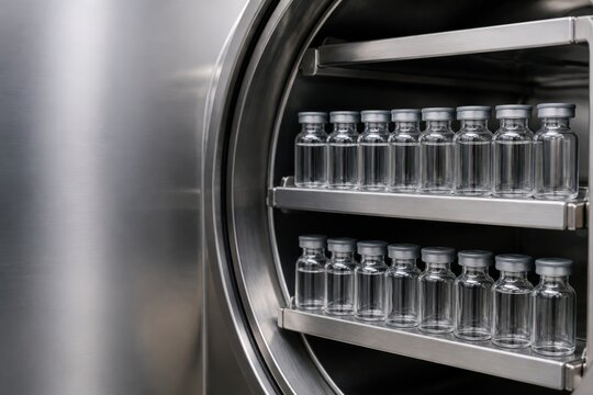 Freeze drying operations neutral vials on lyophilizer shelf editorial object two short orderly rows unmarked glass placed inside