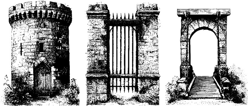 Set of three black and white historic gate and archway drawings with stone walls for vintage background poster and design