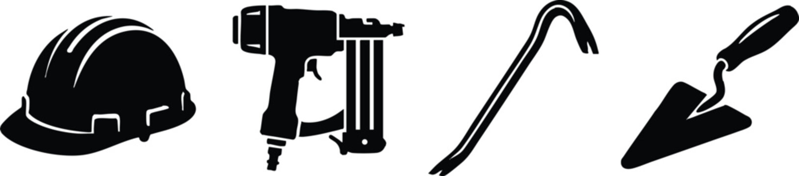Set of construction tools and safety hard hat icons