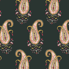 Elegant Paisley Floral Seamless Pattern with Traditional Ornamental Motif on Dark Background © Faisal Visuals