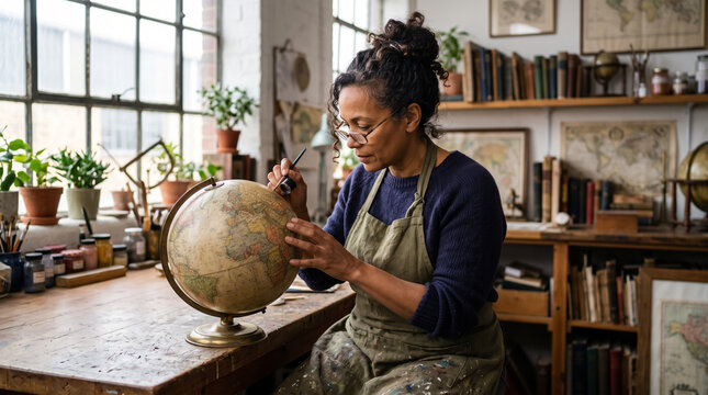 Focused Female Artisan Restoring Vintage Globe in Workshop with Crafting Tools and Maps. Concept of person, painter, fine detail, craftsmanship.