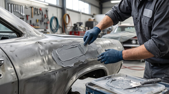 Auto mechanic applying gray body filler putty on vintage car fender in repair shop garage. Concept of smoke, filling, car restoration, putty knife, dent repair.