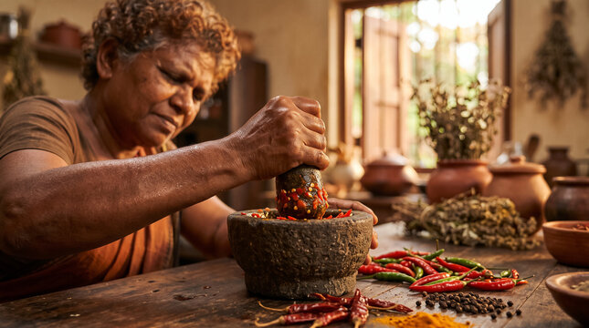 Indian woman crushing red chili pepper in stone mortar and pestle preparing authentic curry paste. Concept of spicy, crushing spices, spicy food, indian cuisine, traditional cooking.