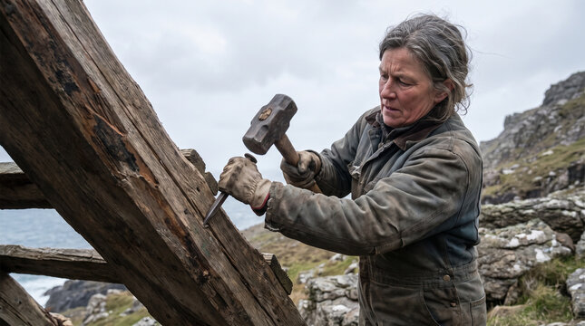 Strong senior woman worker using sledgehammer and chisel on wooden beam outdoors. Concept of carpentry, hammer, working, manual labor, craftsperson. Copy space.