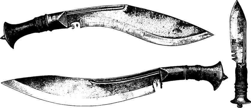 Antique kukri and dagger knife engraving illustrations set for historical weapon design and print
