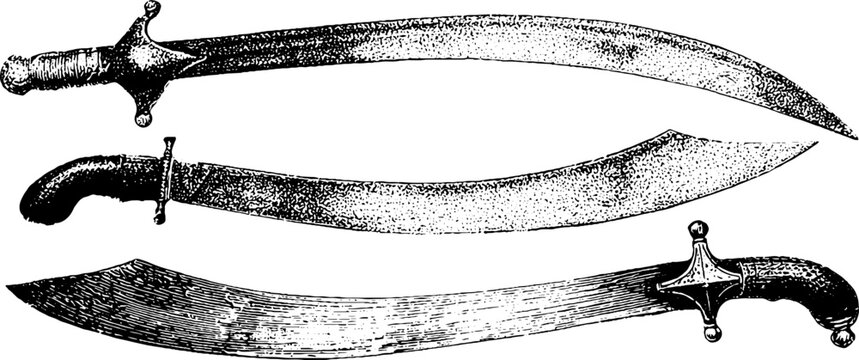Antique black and white curved sword and scimitar set with detailed engraved blades isolated for historical weapon background and design elements