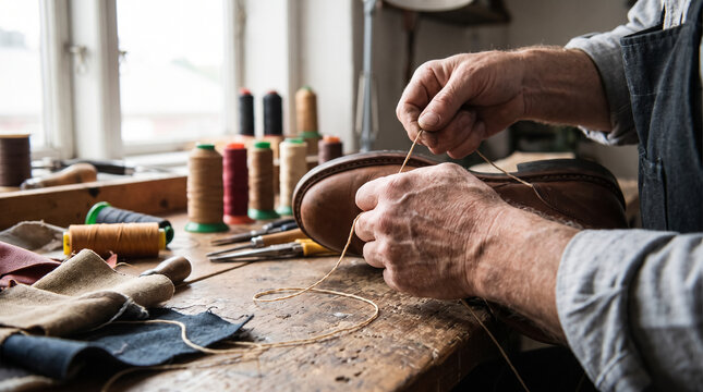 Shoemaker stitching leather shoe with thread in traditional craft workshop. Concept of leathercraft, shoemaking, cobbler, hands, craftsman.