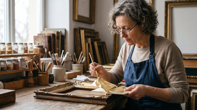 Senior Female Artisan Applying Thin Gold Leaf Gilding to Vintage Wooden Picture Frame in Studio. Concept of restoration, gilder, craftswoman, fine art, workshop, antique frame, painting restoration.