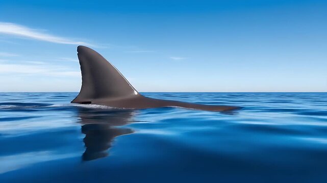 Large shark fin emerging from the deep blue ocean water on a clear sunny day capturing the powerful presence of a majestic predator hunting below