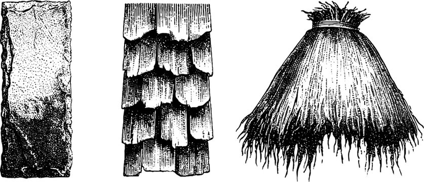 Black and white roofing material set with slate shingle and thatch textures for vintage architectural background design