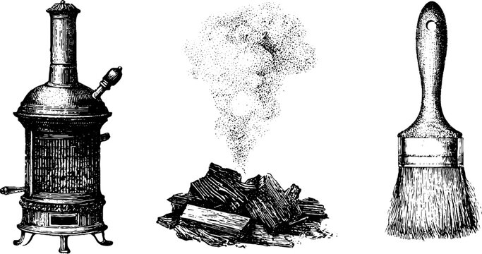 Three black and white vintage wood stove log fire smoke and brush engravings set isolated for rustic design background and poster