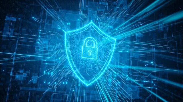 Digital security shield with lock icon and glowing circuit board background, symbolizing data protection and cybersecurity.