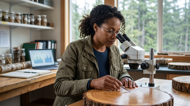 Female scientist examining wood tree ring sample under microscope in research laboratory. Concept of wise, dendrochronology, science, botany.